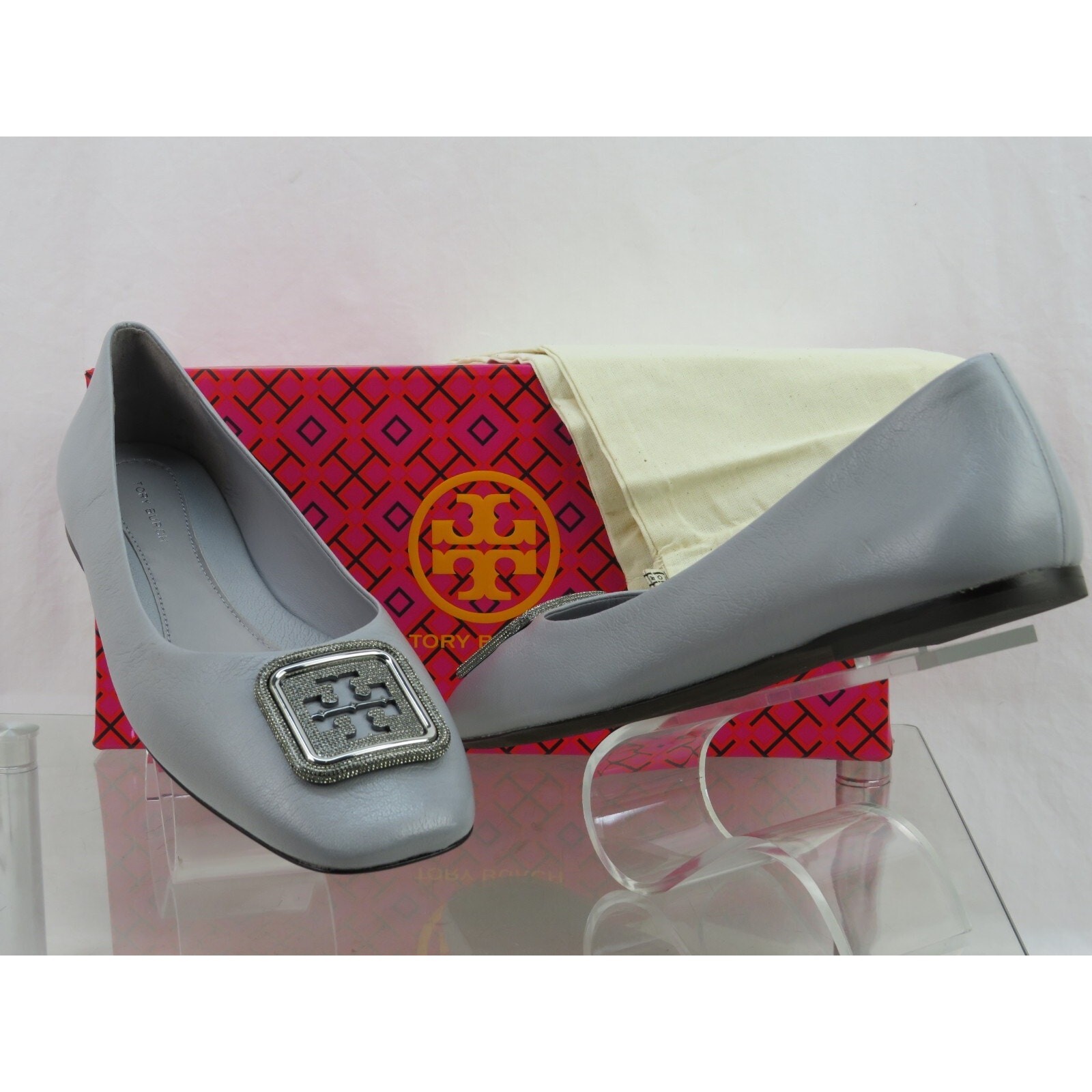 Nib Tory Burch Georgia Bay Gray Goat Leather Logo Grystals Reva Flats 11